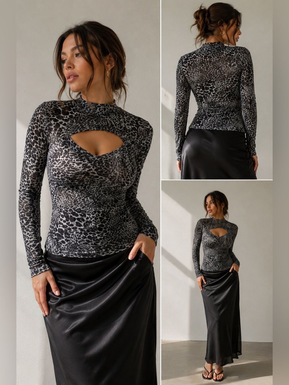 LEI JR Womens Long Sleeve Mock neck Silver Leopard Print Sz M W/ Slit At Chest